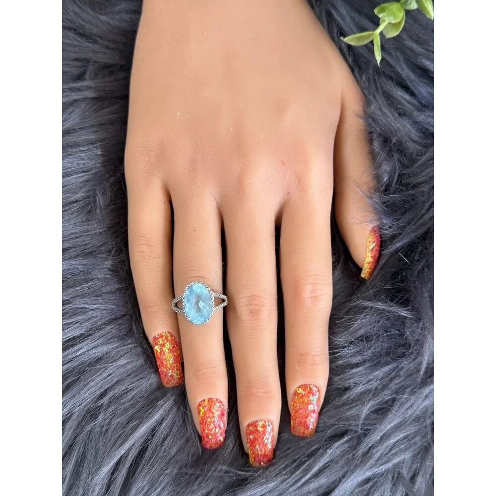 Blue Stone Surrounded With CZ’s Silver 925‎ Ring